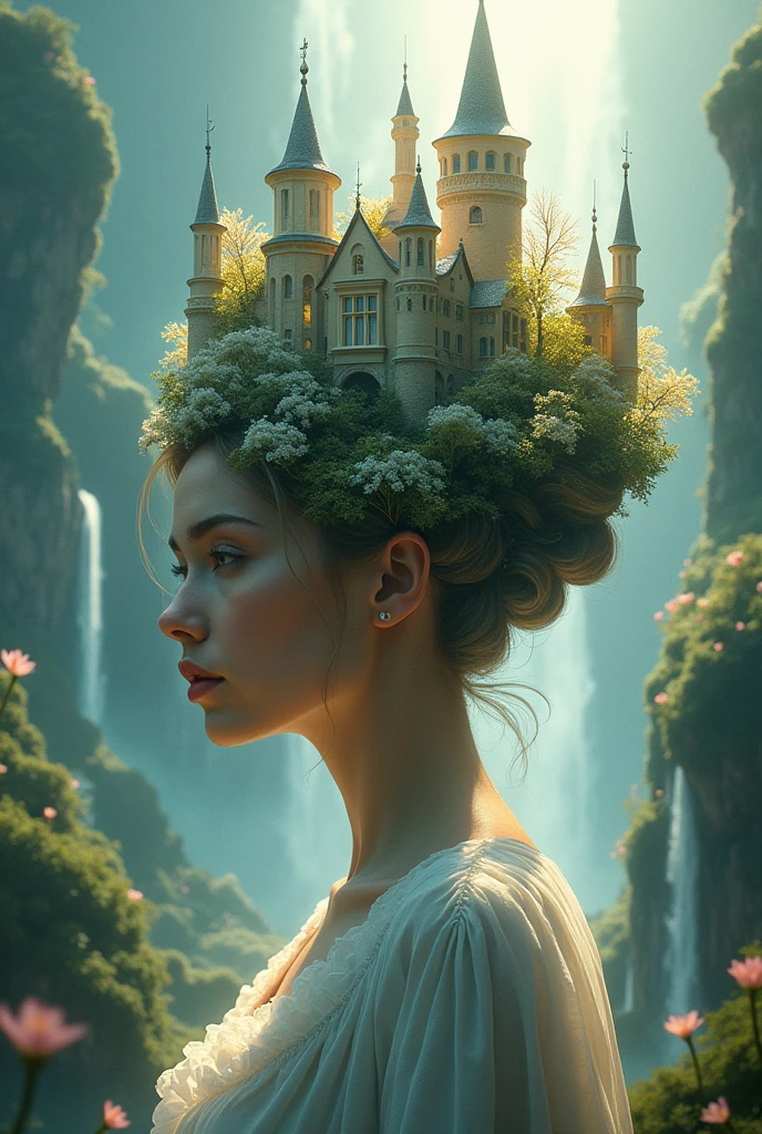 (((masterpiece))), a majestic castle emerges from a woman's hair, a woman with a castle on her head, it is a fantastic landscape where human nature is recreated with nature, waterfalls, a dreamlike work of art. She has a serene and powerful expression, surrounded by ethereal light and magical flora, cinematic composition, trending on ArtStation.