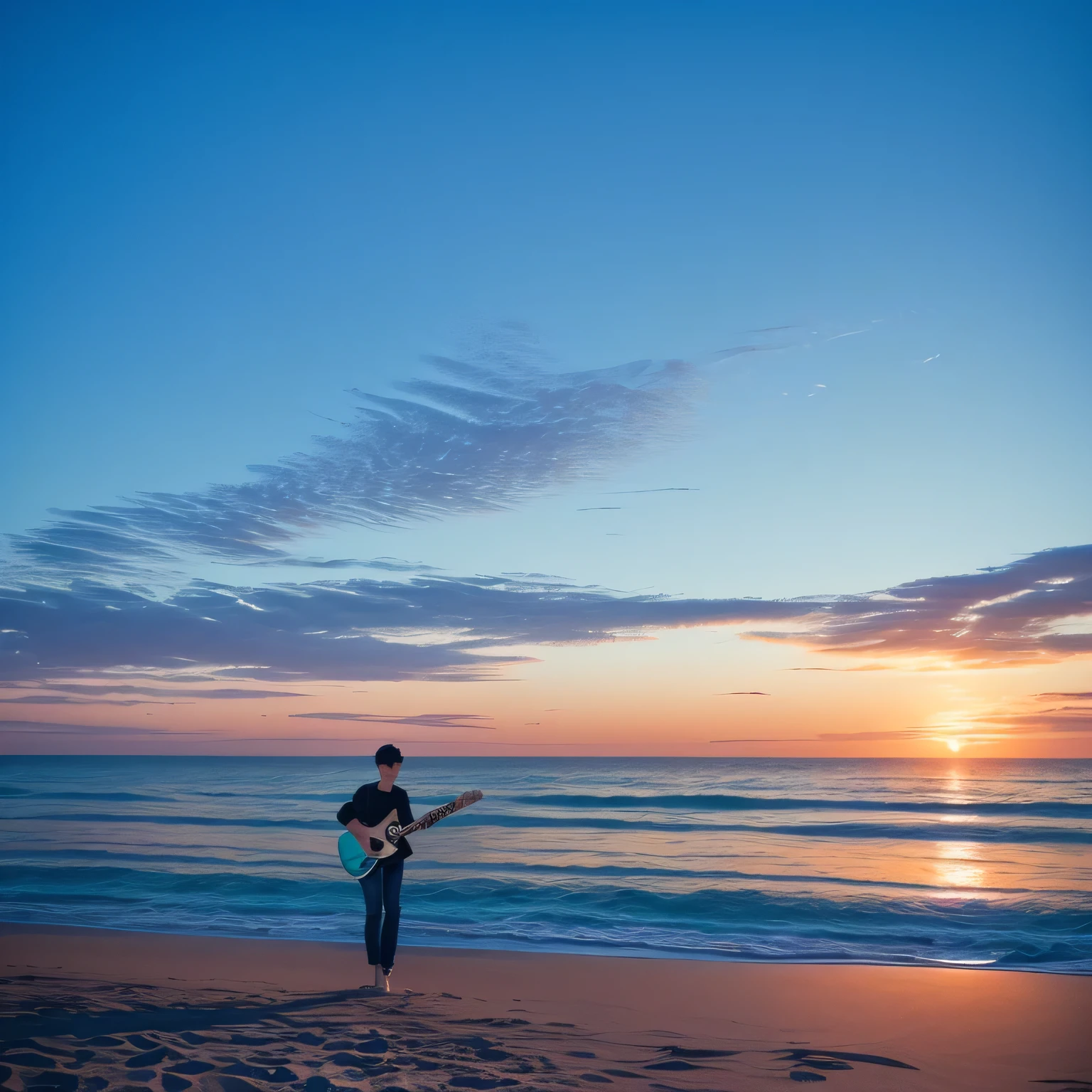 Ocean、null、Highest quality、morning、早morning、8k、photograph、beautiful、A boy with an electric guitar on the beach、Blue background