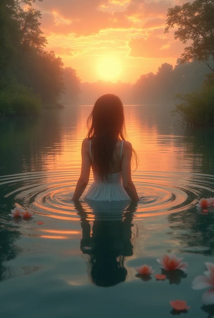 a girl in a lake with a sunset