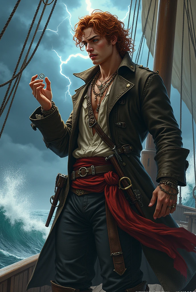 Generate the image of a pirate for a DnD campaign total body. A male pirate around 20 years old with an excited face. He has mid length red curly hair, no facial hair. He’s wearing a leather trench coat, under the coat a soft shirt open, he’s wearing a belt with a red band, on the side he had two sabers and two XVI century guns. He’s wearing many bracelets and necklaces, he has many tattoo. He’s looking at his compass on the main mast of his ship during a storm