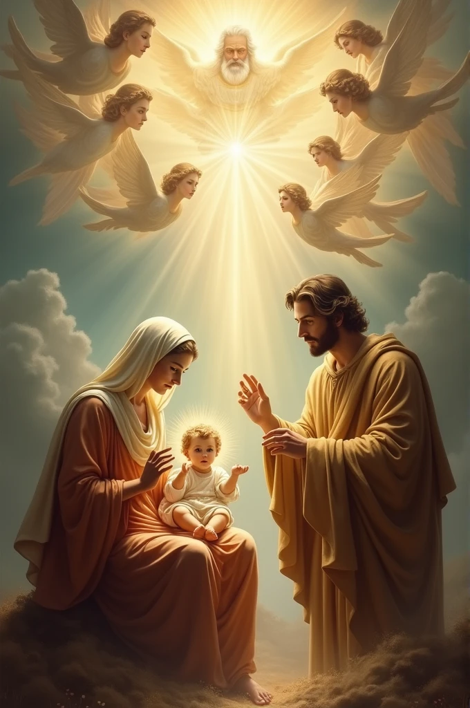 Holy family illuminated by the light of the Holy Spirit, and God in heaven with angels