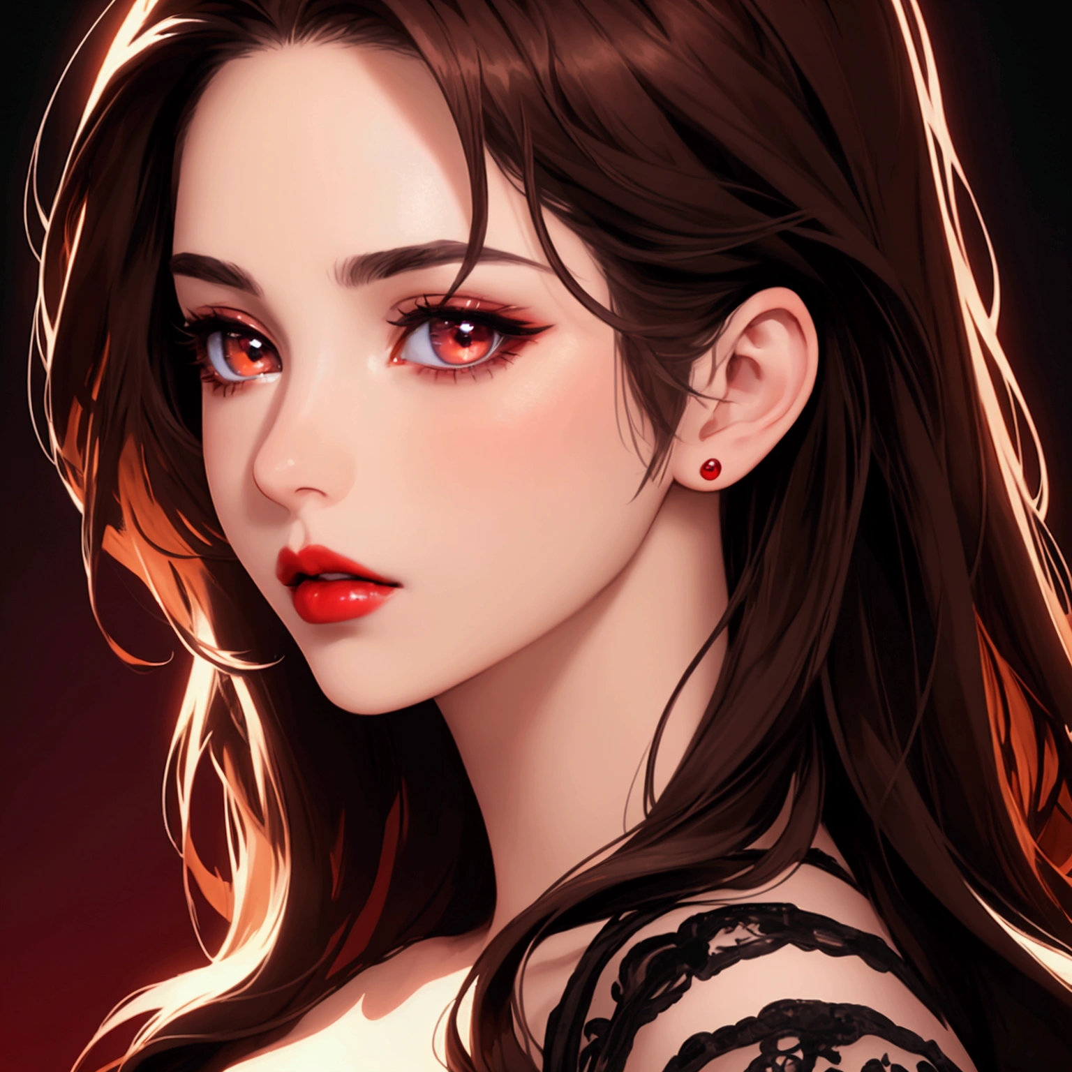 8k, highest quality, masterpiece, photorealistic, ultra-detailed, extremely detailed eyes and face, beautiful detailed lips, long eyelashes, dark brown hair, dark brown eyes, red lips, anime, portrait, dynamic pose, dramatic lighting, cinematic, simple background, vibrant colors, digital art