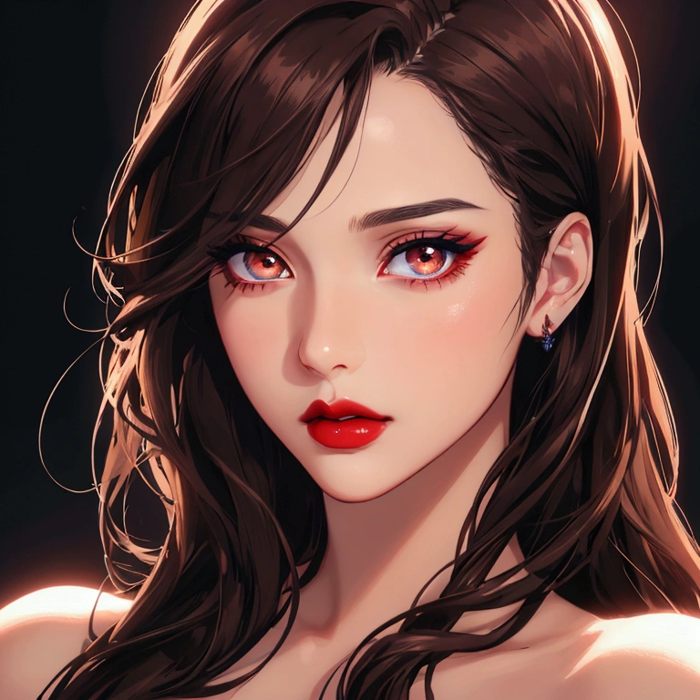 8k, highest quality, masterpiece, photorealistic, ultra-detailed, extremely detailed eyes and face, beautiful detailed lips, long eyelashes, dark brown hair, dark brown eyes, red lips, anime, portrait, dynamic pose, dramatic lighting, cinematic, simple background, vibrant colors, digital art