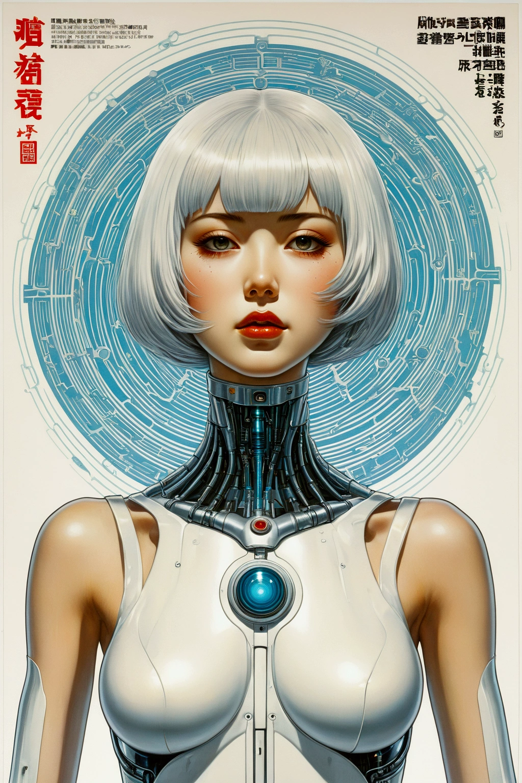 (superflat, flat shading, flat colors), draft, assembly scheme, android girl, cyborg, petite, slim, naked, nipple, intricate details, white, vibrant colors, bright, watercolor