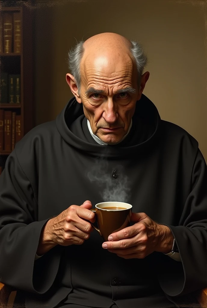 creates an image of a slightly bald and hairless old Jesuit drinking Colombian coffee