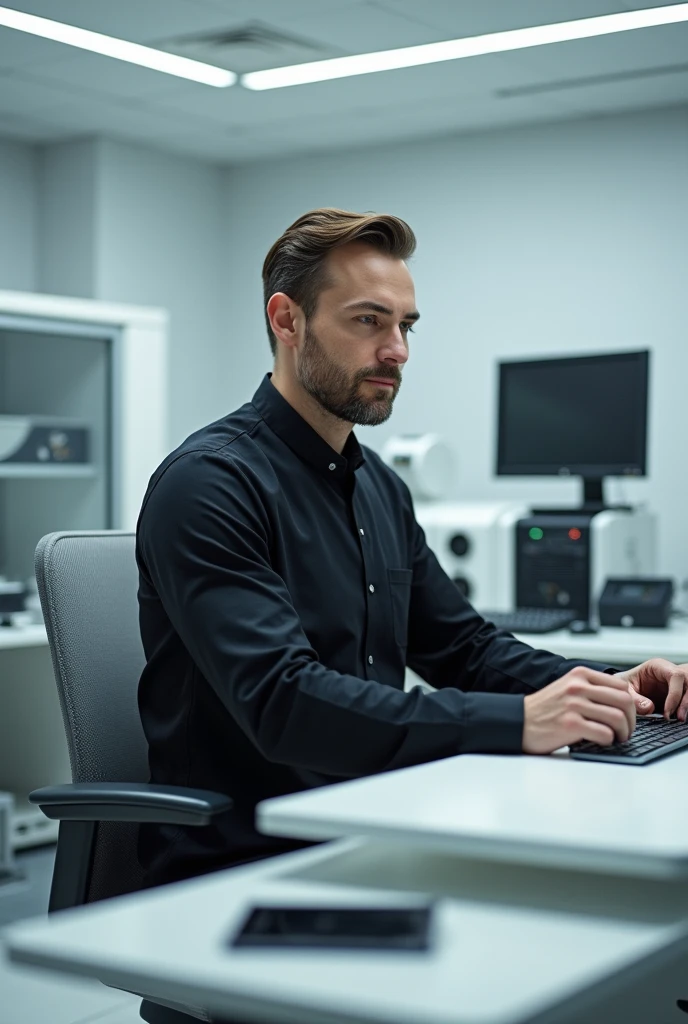 Kinesiologist working at his workplace, without dust cover and with black uniform