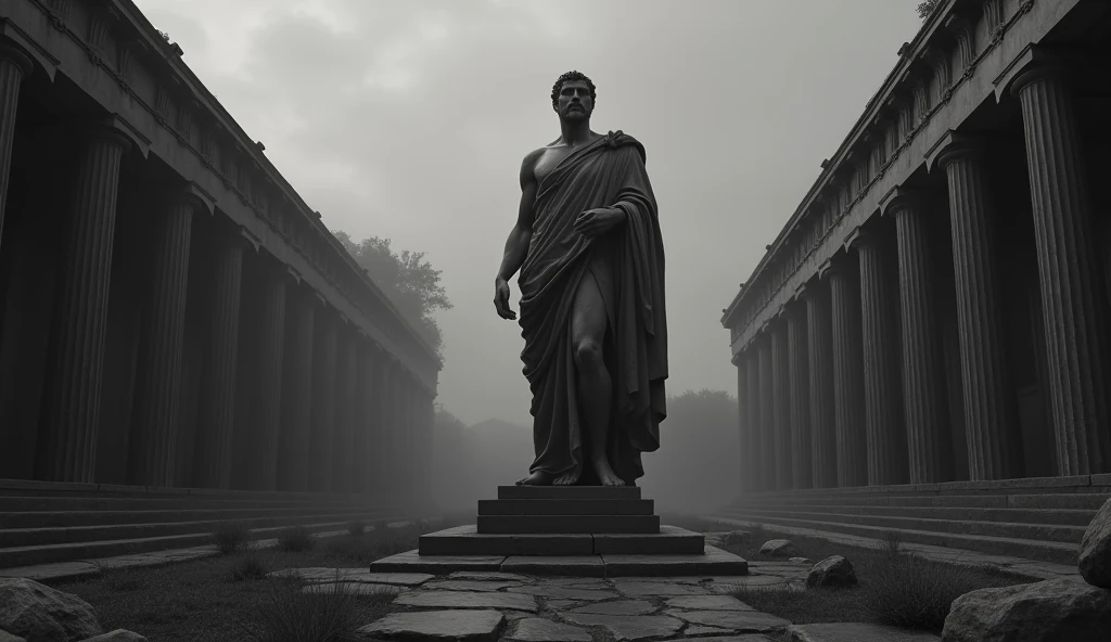 dark landscape image of an ancient greek society deeply connected to stoicism, black and white, ancient greek architecture, include one single big statue of a stereotypical strong greek man, marcus aurelius