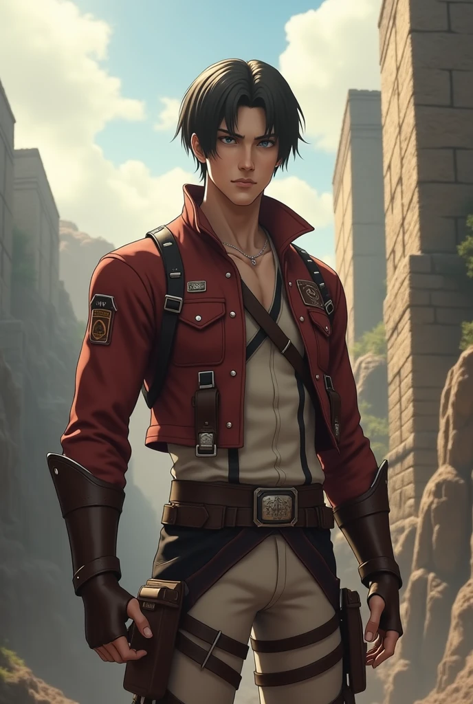 BTS's Taehyung wearing the Scout Regiment outfit from Attack on Titan Realistic Mode on top of the Shiganshina Walls