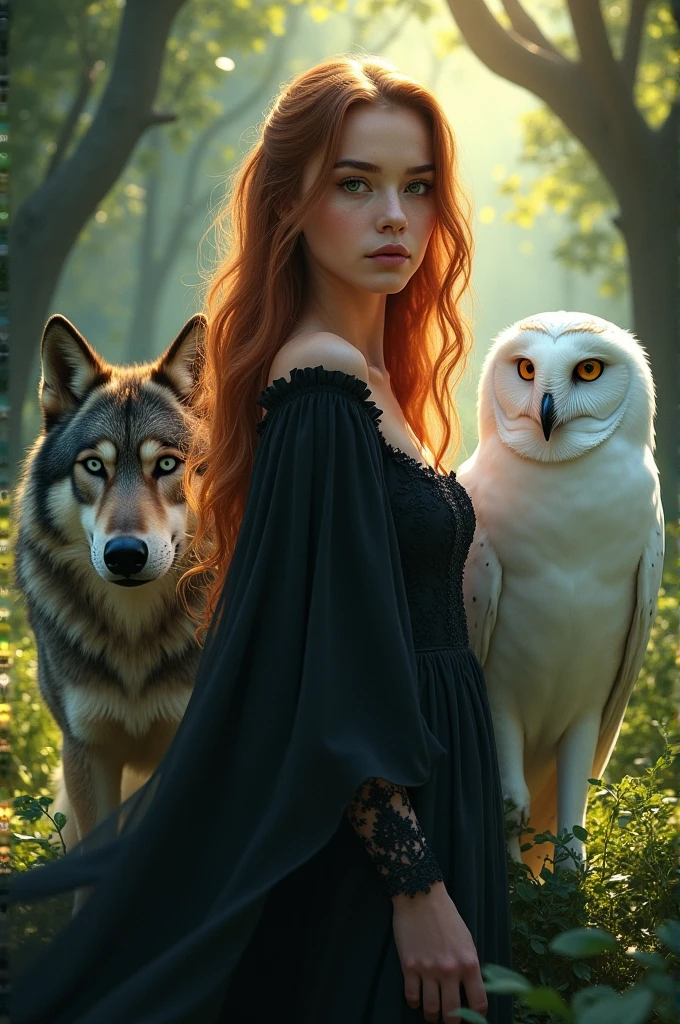 Beautiful young witch with light skin and grey eyes, long wavy copper-gold blonde hair dressed in black in the middle of a forest and accompanied by a gray wolf and a white owl