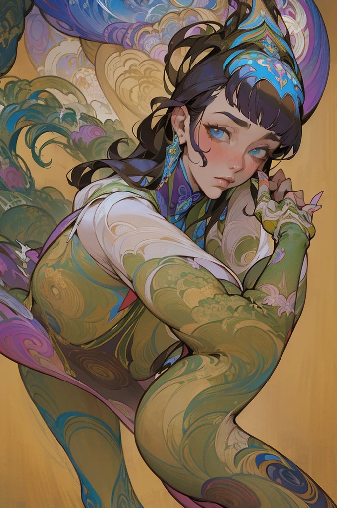 fluid Chinoiserie organic abstract psychedelic candid pose jugendstil Ella Hughes by kevin wada and John Pitre and Robert McGinnis, darren grealish patterns alphonse mucha, legendary epic, elite, elegant, intricate, highly detailed, extremely sharp focus, cinematic light, magic, futuristic, new, great composition, romantic
