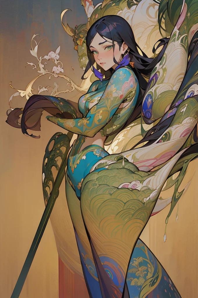 fluid Chinoiserie organic abstract psychedelic candid pose jugendstil Ella Hughes by kevin wada and John Pitre and Robert McGinnis, darren grealish patterns alphonse mucha, legendary epic, elite, elegant, intricate, highly detailed, extremely sharp focus, cinematic light, magic, futuristic, new, great composition, romantic
