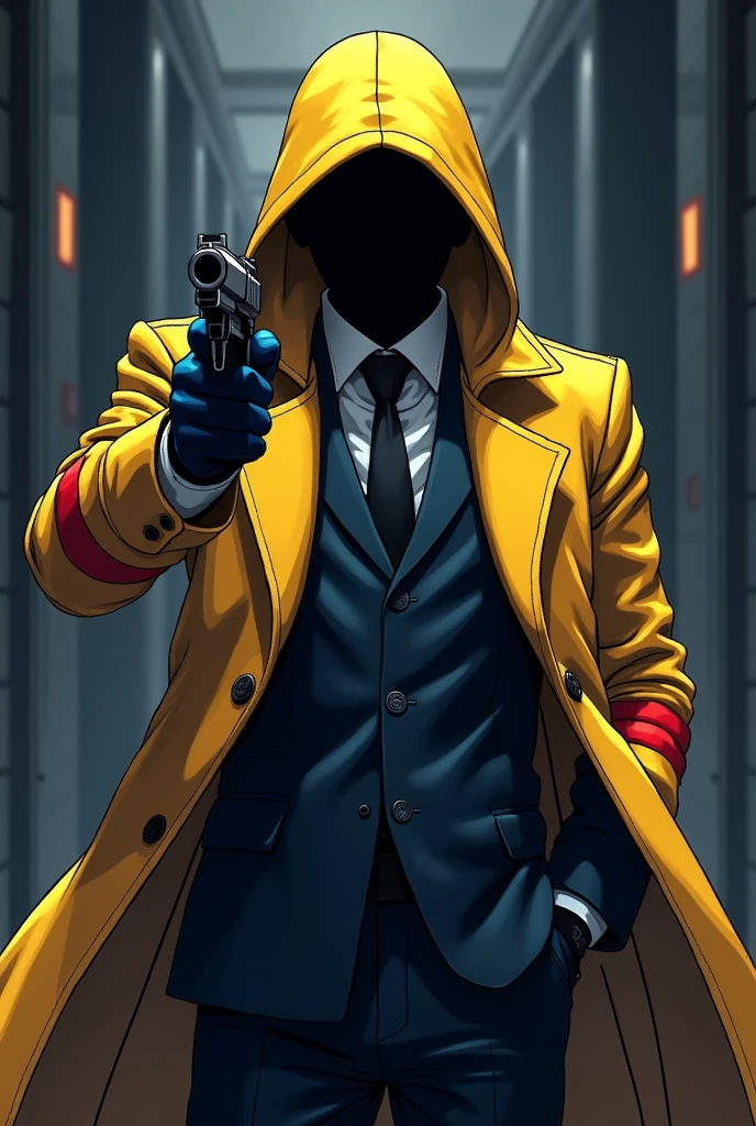 A killer wearing a suit with a yellow winter coat with several red and black stripes and this man is holding a revolver in anime pixel art style