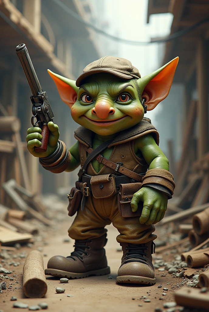 Goblin builder with a 1920's pistol in his hand