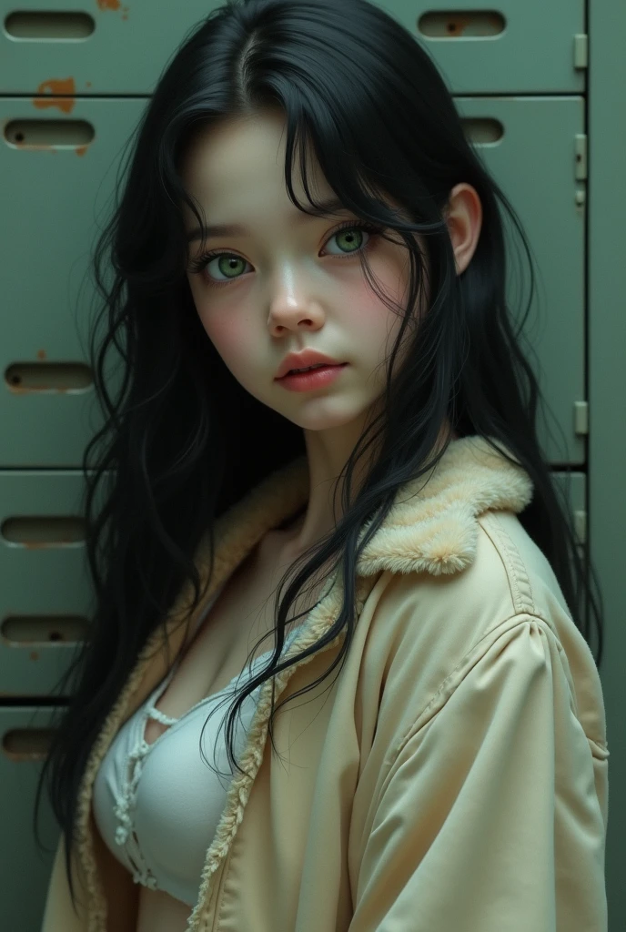A young girl about  with long black hair and green eyes and a cream colored fur jacket and huge breasts with innocent eyes, with a background of lockers, very tender and scared 