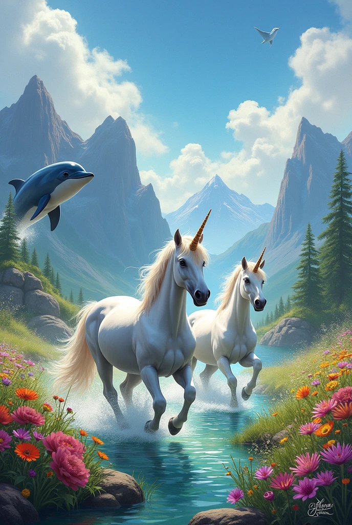 A colorful landscape with unicorns and dolphins