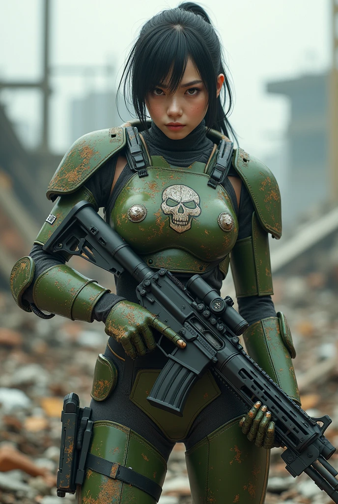 ８ｋ,Realistic Skin Texture、Superrealism、Realistic Photo、A futuristic Japanese female soldier stands amongst rubble、Damaged moss green metal armor、Skull mark painted on armor、Painting of the unit and identification number、Peeling paint、Oil stains、Energy Rifle、fighting spirit、Detailed Description、Dynamic pose