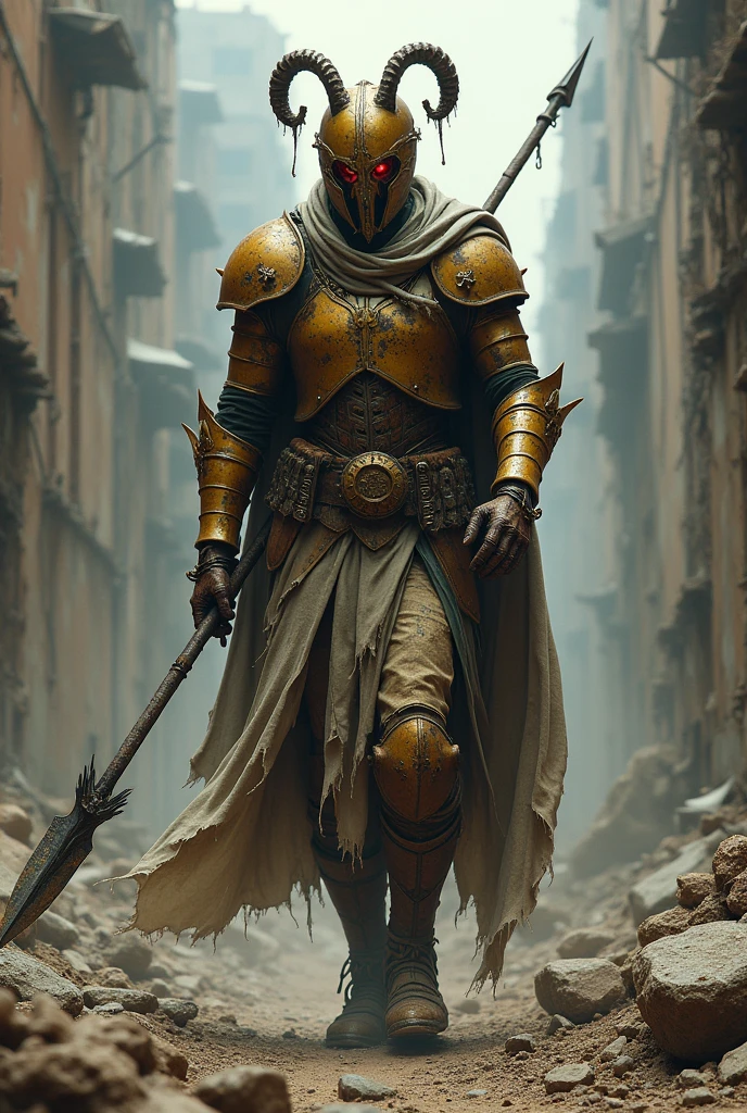 in a post apocalyptic world, where civilization has been reduced to rubble and chaos reigns supreme, an Aries Gold Saint rises from the dead. Decomposed and putrefied, he maintains the countenance of an immortal warrior, but your armor is worn out, covered in a layer of dirt and rust. Your helmet, once brilliant and imposing, now it is a macabre artifact, with fissures and cracks that reveal the remains of his partially exposed skull. Their eyes, despite being empty and lifeless, still emit an ominous, reddish glow. Wields a spear corroded by time, but still has the same menacing presence it had in life. He wanders among the ruins, a shadow of its former self, in search of souls to condemn and fulfill a mission that transcended death itself.