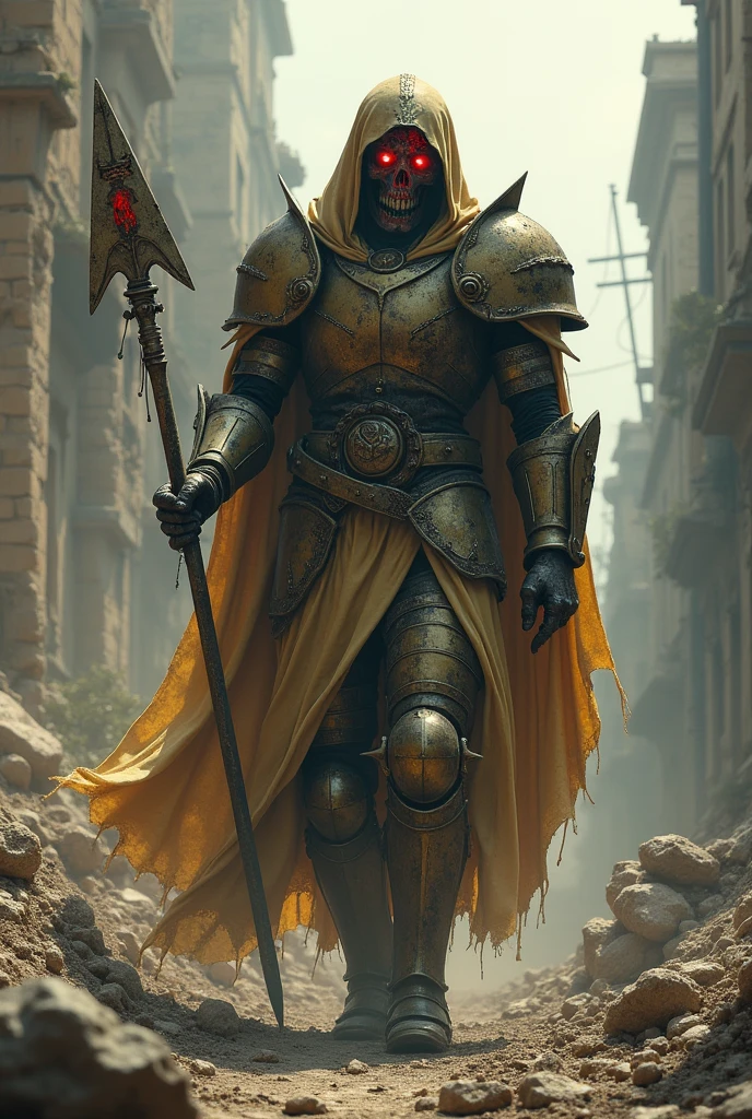 in a post apocalyptic world, where civilization has been reduced to rubble and chaos reigns supreme, an Aries Gold Saint rises from the dead. Decomposed and putrefied, he maintains the countenance of an immortal warrior, but your armor is worn out, covered in a layer of dirt and rust. Your helmet, once brilliant and imposing, now it is a macabre artifact, with fissures and cracks that reveal the remains of his partially exposed skull. Their eyes, despite being empty and lifeless, still emit an ominous, reddish glow. Wields a spear corroded by time, but still has the same menacing presence it had in life. He wanders among the ruins, a shadow of its former self, in search of souls to condemn and fulfill a mission that transcended death itself.