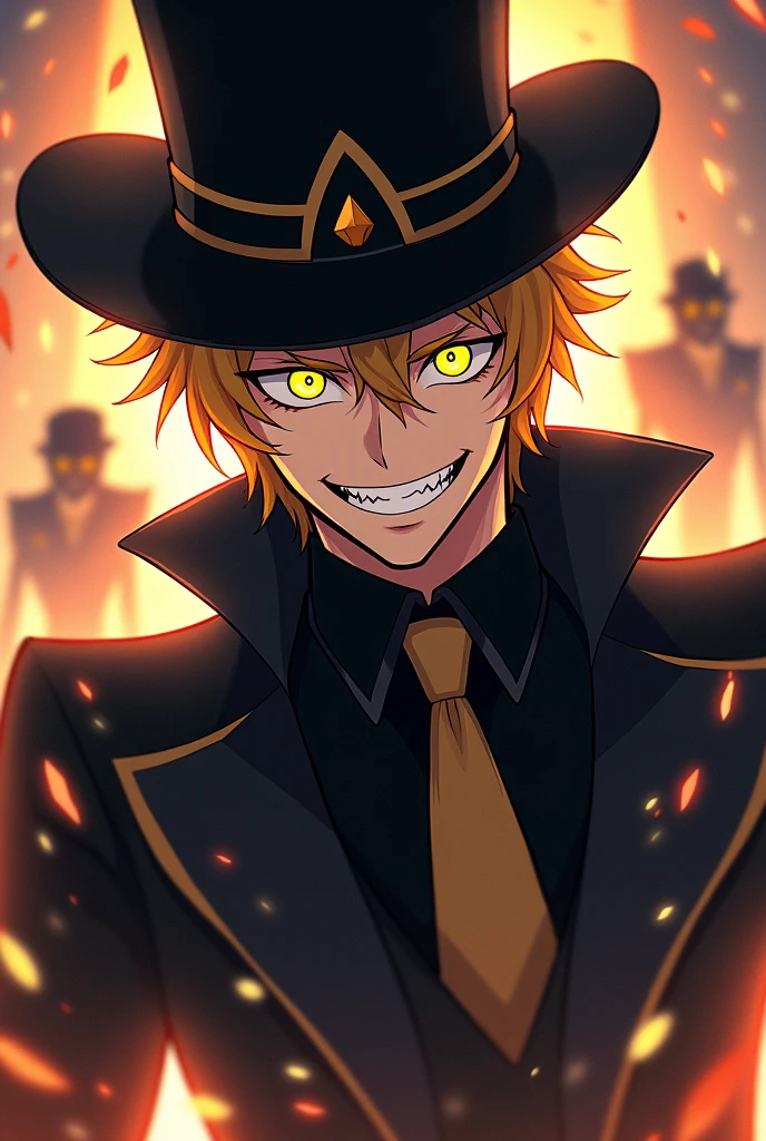 Anime Style, Male, Edmond Dantes From Fate/Grand Order, Yellow Eyes, Black Hat, Black Clothes, Golden Short Hair, Mad Smile, Madman, Crazy Posse, Big Open Eyes, Not Evil, Adult, tall Man