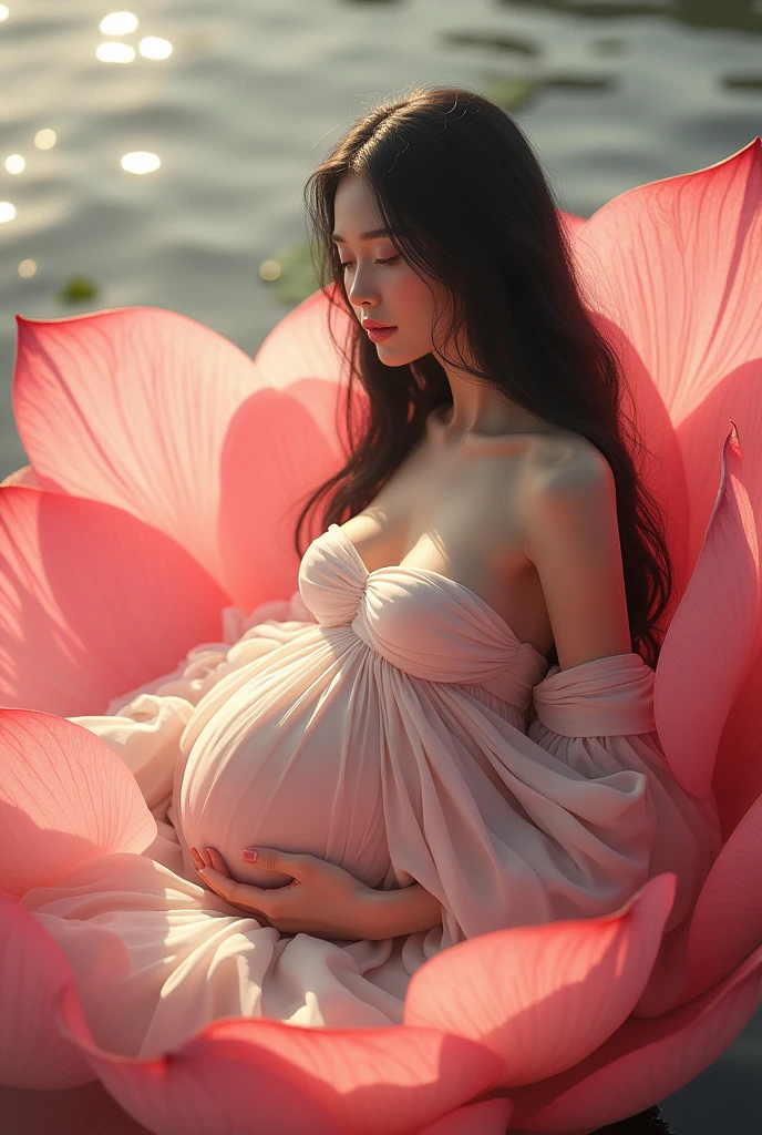 full length, black hair pregnant in flower , Beautiful face, dress made of red rose petals, Light pink and light white tones, Esbian Full Body, beautiful backgrouond , daylight, Efeito de Luz, Minimalistic, Solar, pure tenderness, soft lighting, Realism. beautiful woman, on a super giant lotus with double and long petals (petals made of thin, soft transparent,streaming, fabrics, full background of flowing petals, floating flower, super flying petals, Smoke effect, Fog, some water reflaciton mixed with petals), lotus dress, ((ss-through)) full length.
