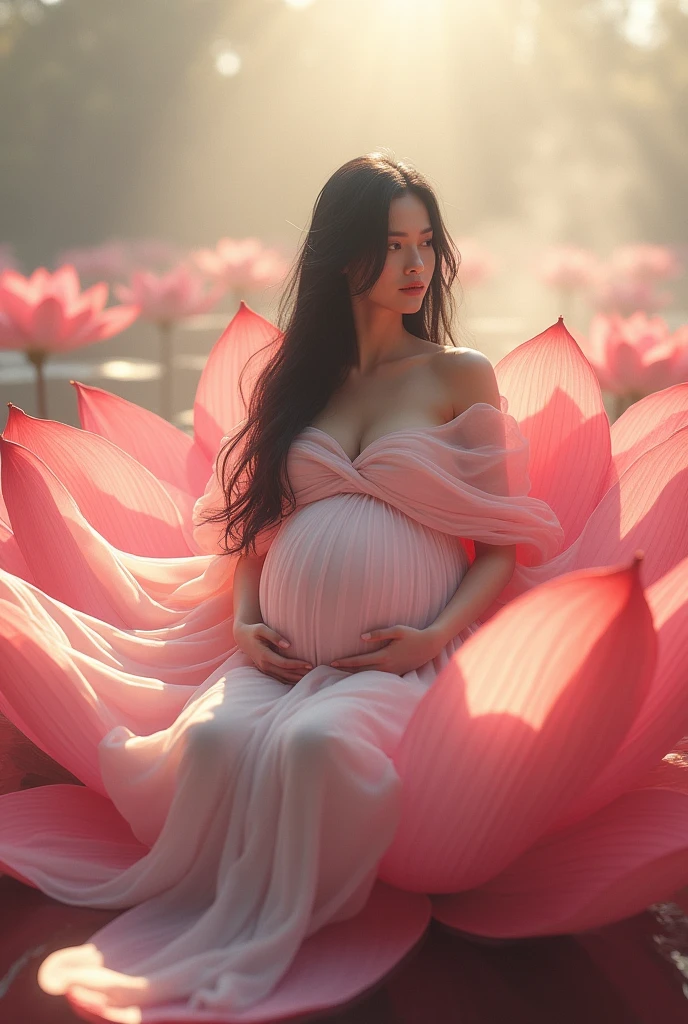 full length, black hair pregnant in flower , Beautiful face, dress made of red rose petals, Light pink and light white tones, Esbian Full Body, beautiful backgrouond , daylight, Efeito de Luz, Minimalistic, Solar, pure tenderness, soft lighting, Realism. beautiful woman, on a super giant lotus with double and long petals (petals made of thin, soft transparent,streaming, fabrics, full background of flowing petals, floating flower, super flying petals, Smoke effect, Fog, some water reflaciton mixed with petals), lotus dress, ((ss-through)) full length.