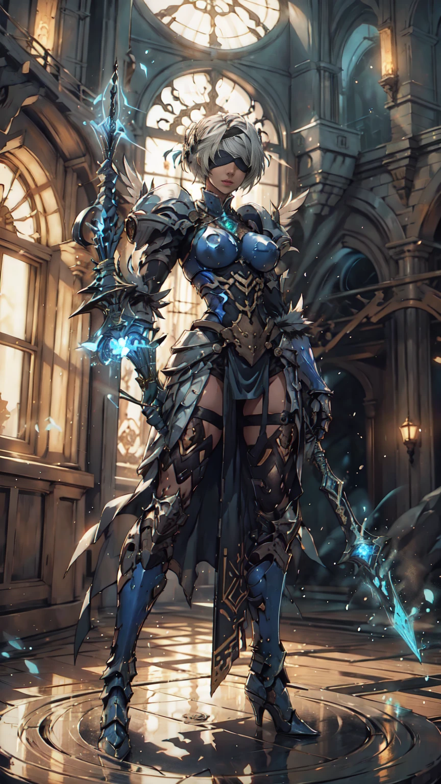 Make a 'kitbash' of Lenneth from 'Valkyrie profile' and 2B from 'Nier: Automata', combine 2B and Lenneth, solo, 1girl, BREAK: ((bright sapphire blue plate mech4rmor)), (boob window), thigh cutout, long skirt, (blindfold:1.27), wings, BREAK: standing contrapposto, (holding glowing spear), light smile, BREAK: plains, castle, BREAK: (better hands, best hands,) (insanely detailed, masterpiece, best quality), strong_negative, Chinese style 