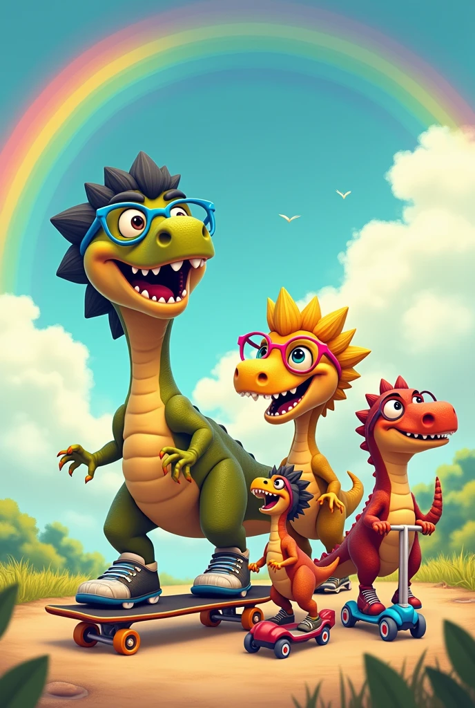 Dinosaur family, dinosaur father tall muscular black hair wearing blue glasses on skateboard. Cute Dinosaur Mom, blonde, Wearing Pink Glasses. Filha dinossaura Wearing Pink Glasses, maroon hair. another dinosaur with black hair. Sun shining in the sky, very beautiful rainbow, everyone using roller skates and dinosaur using scooter.
In this image there are 4 dinosaurs in total.