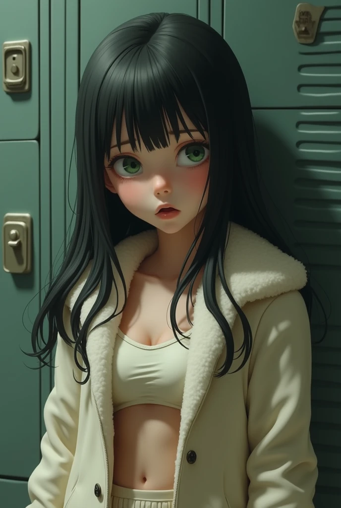 A young girl about with long black hair and green eyes and a cream colored fur jacket and huge breasts with innocent eyes, with a background of lockers, very tender and scared