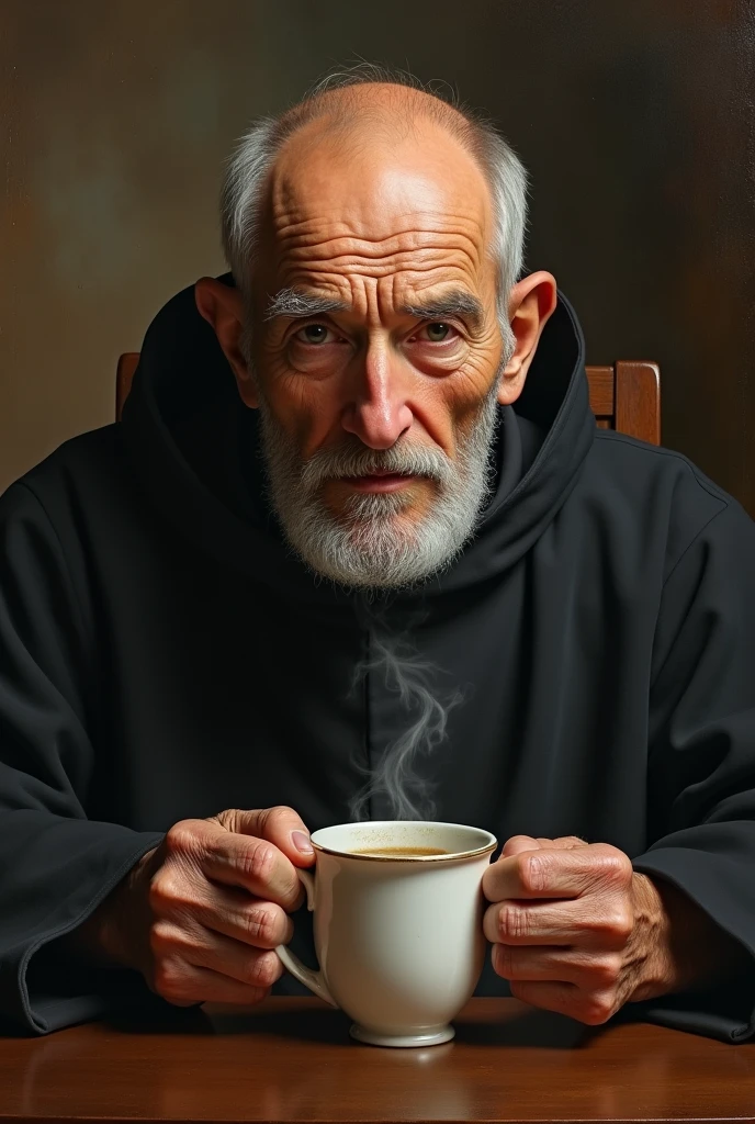 creates an image of a slightly bald and hairless old Jesuit drinking Colombian coffee

