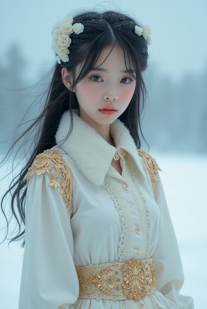 A beautiful Vietnamese girl、Departing on a morning of determination、Cute beautiful girl&#39;s serious expression、Her eyes are big and droopy and cute.、All-white goth fashion、Intricate gold decoration、Gold Garter Belt、White knee-high socks、The background is a light blue snowy landscape、High-quality, realistic photo-like