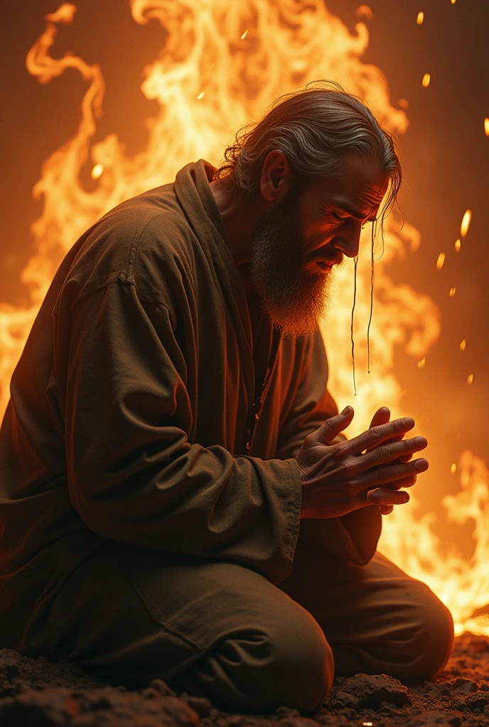 A man praying with tears and fire