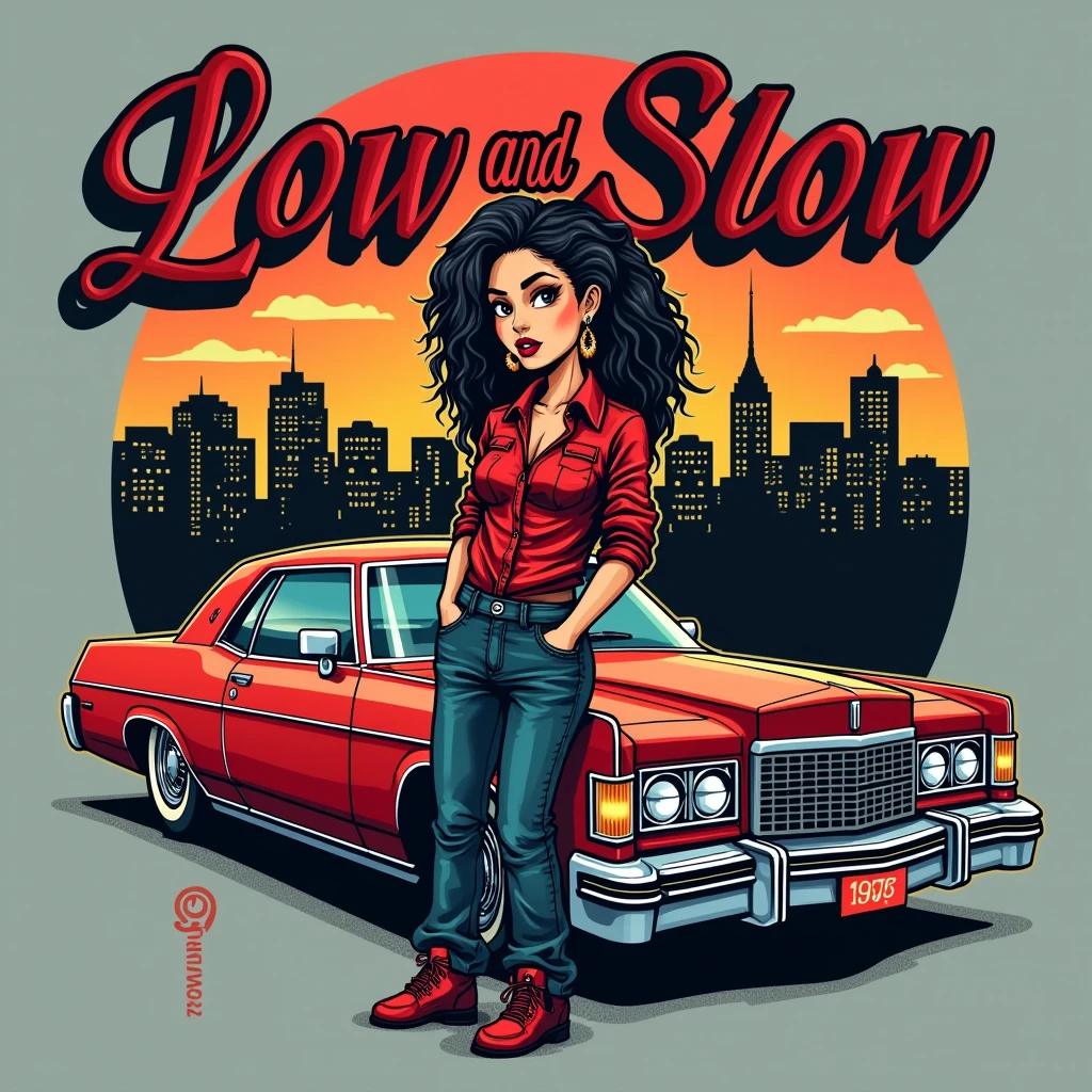 Design a logo for a t-shirt called "Low and Slow" vector style The text "Low and Slow" should be rendered in a stylized, cursive script with the words "Low" written in a larger, more prominent font, The logo should have low rider a red car 76 Lincoln Mark IV and a cartoon of a chicana gangster woman with a penedleton shirt and baggie pants low rider style, SF City on the background The overall aesthetic should be raw, edgy, and attention-grabbing, blending the worlds of street art and high-fashion, gangster style west coast gangster style