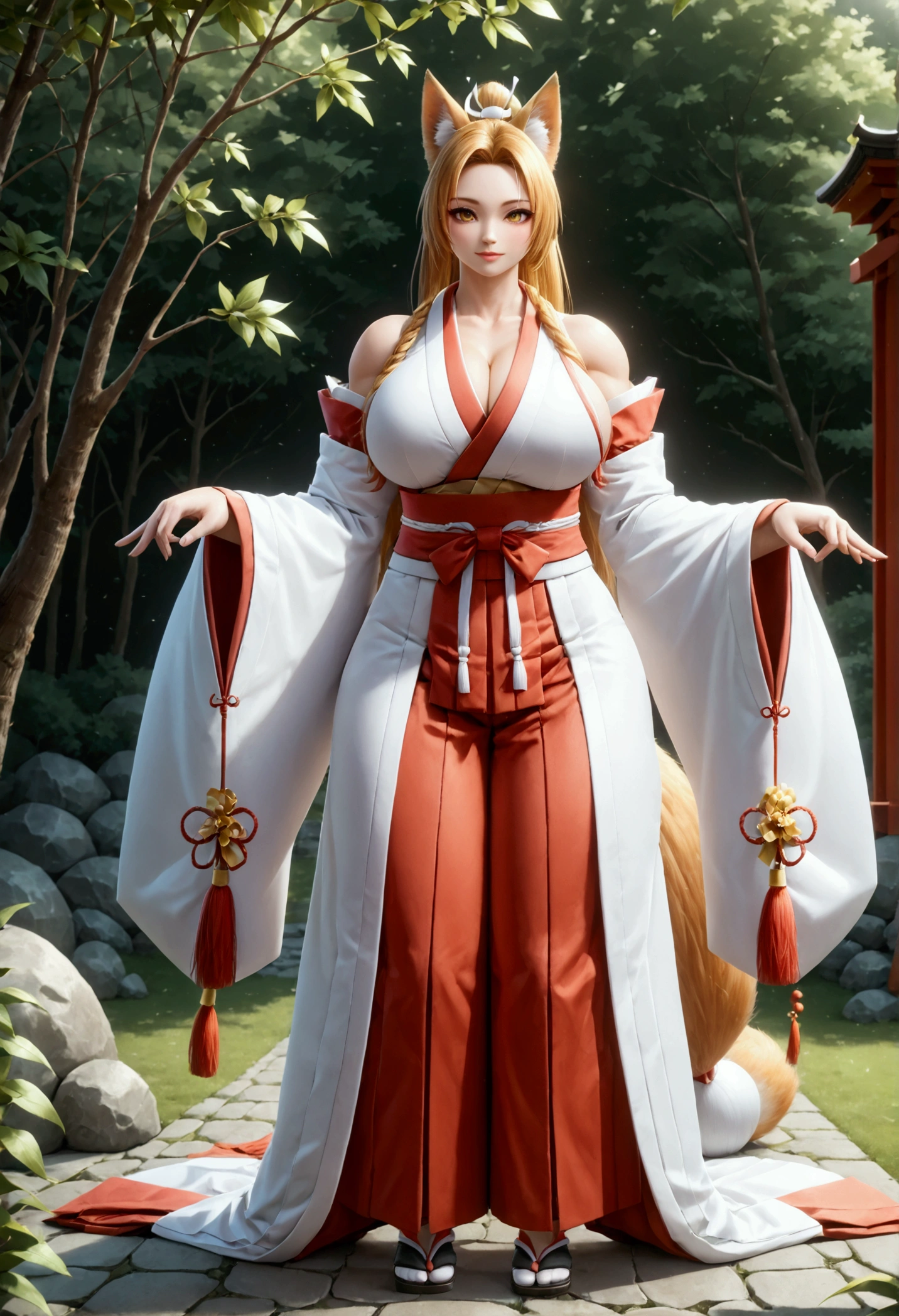 (masterpiece, best quality), best resolution, (4arms:1.2), Mai Shiranui, fox ears, yellow eyes, long sleeves, tail, japanese clothes, wide sleeves, kimono, ribbon trim, hakama, hakama skirt, ribbon-trimmed sleeves, white kimono, miko, golden hair, very long legs, big breasts, gigantic muscular body, full body.