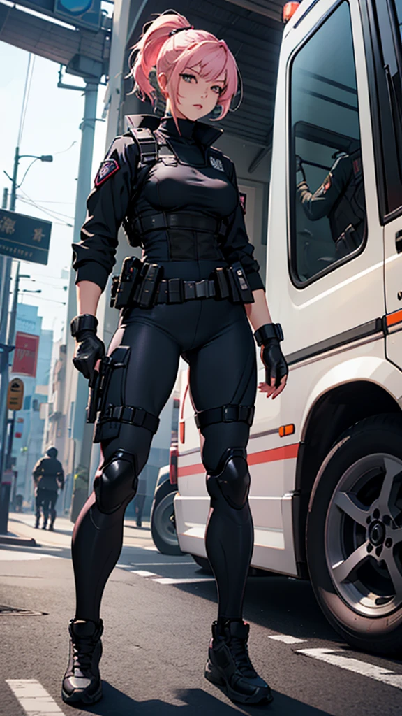 Beautiful girl realistic masterpieces full figure pose (best quality,ultra-detailed), pink hair, fair skin, fit body, slim figure, narrow waist, (cocky expression), full body coverage tactical black SWAT uniform with police insignia