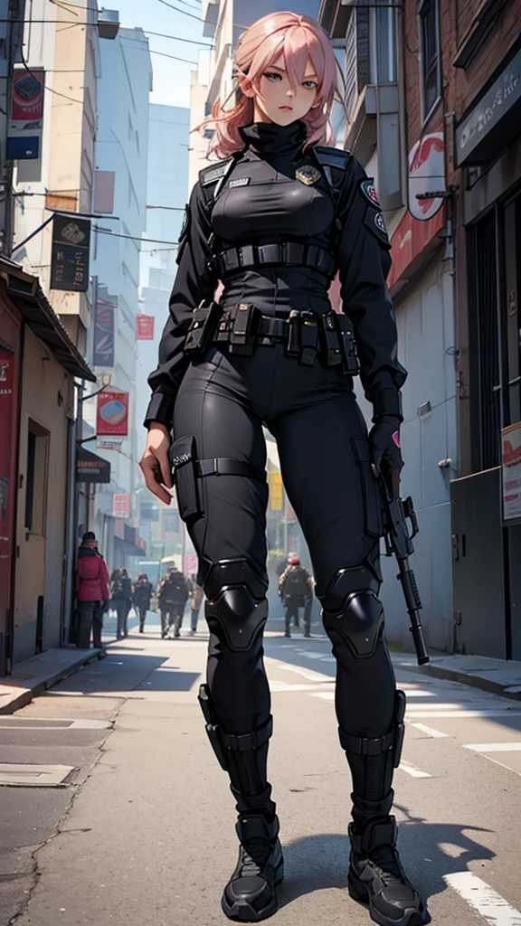 Beautiful girl realistic masterpieces full figure pose (best quality,ultra-detailed), pink hair, fair skin, fit body, slim figure, narrow waist, (cocky expression), full body coverage tactical black SWAT uniform with police insignia