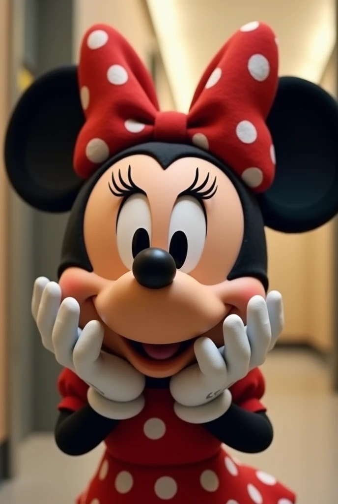 Disney character Minnie Mouse with a surprised expression because she wants to go to the bathroom to urinate