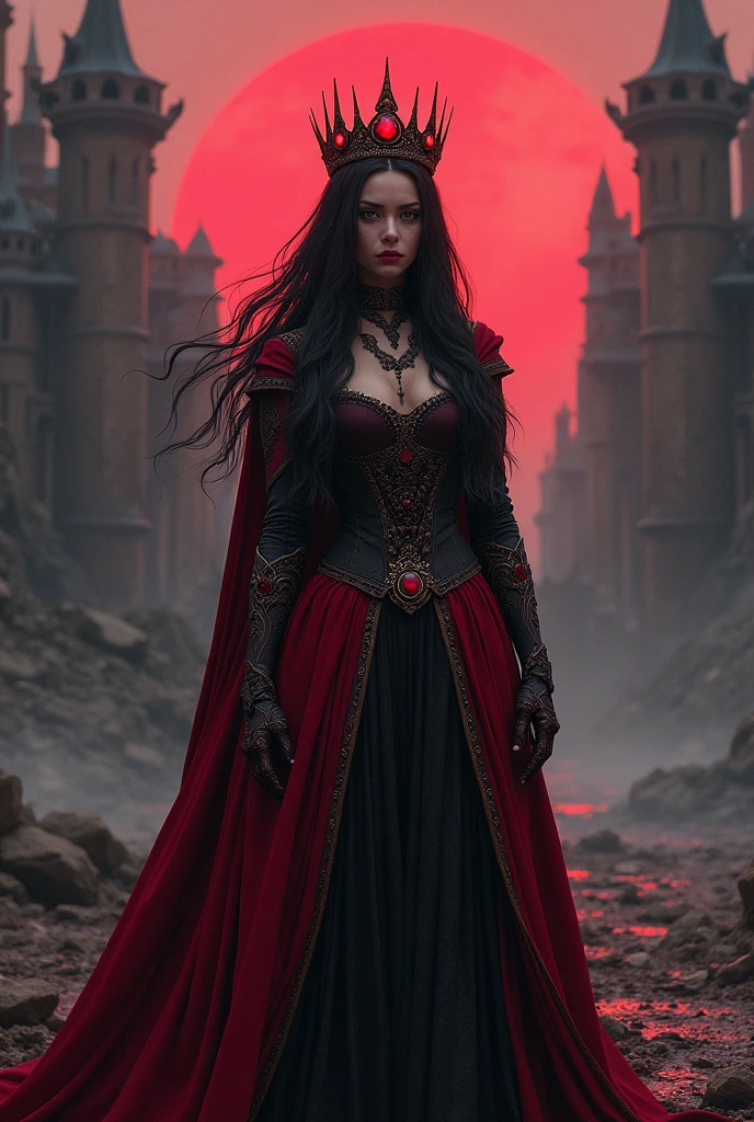 A dark-haired queen in a destroyed red castle with a ruby crown