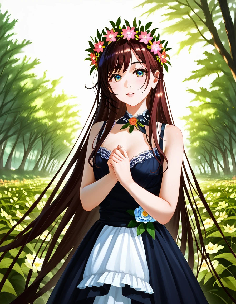 1girl, maid dress, beautiful detailed eyes, beautiful detailed lips, extremely detailed face and hair, photorealistic, 8k, highres, masterpiece, cinematic lighting, soft lighting, warm colors, detailed fabric, intricate lace patterns, delicate flower crown, elegant pose, serene expression, outdoor garden setting, lush greenery, blooming flowers, sunlight dappled through trees