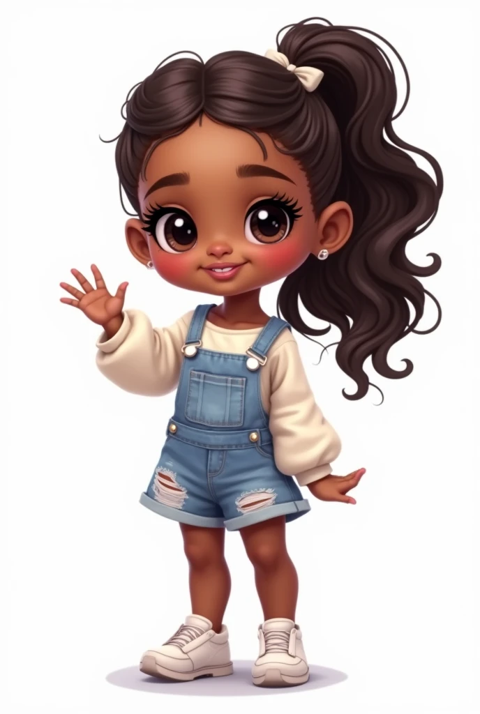 a digital illustration imvu style, baby ???, cute miniature, fullbody, the sims 4 style fashion wonderful girl, big eyelash, extravagant, big lips, ariana, white background, center photo, smiling, realistic,happy, vivid, bright, white shoes, metal shoes, latin, ponytail hairstyle, brown skintone