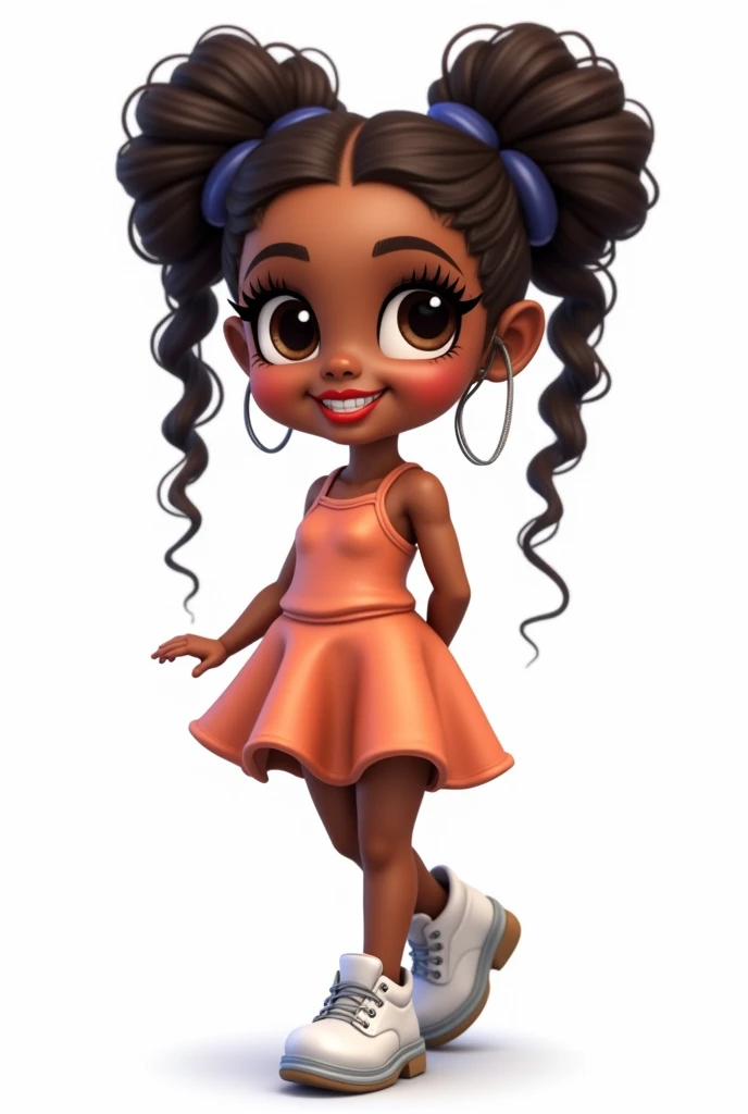 a digital illustration imvu style, baby ???, cute miniature, fullbody, the sims 4 style fashion wonderful girl, big eyelash, extravagant, big lips, ariana, white background, center photo, smiling, realistic,happy, vivid, bright, white shoes, metal shoes, latin, ponytail hairstyle, brown skintone
