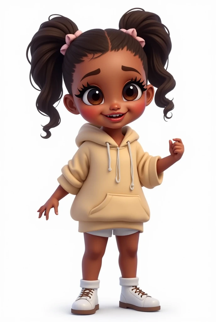 a digital illustration imvu style, baby ???, cute miniature, fullbody, the sims 4 style fashion wonderful girl, big eyelash, extravagant, big lips, ariana, white background, center photo, smiling, realistic,happy, vivid, bright, white shoes, metal shoes, latin, ponytail hairstyle, brown skintone