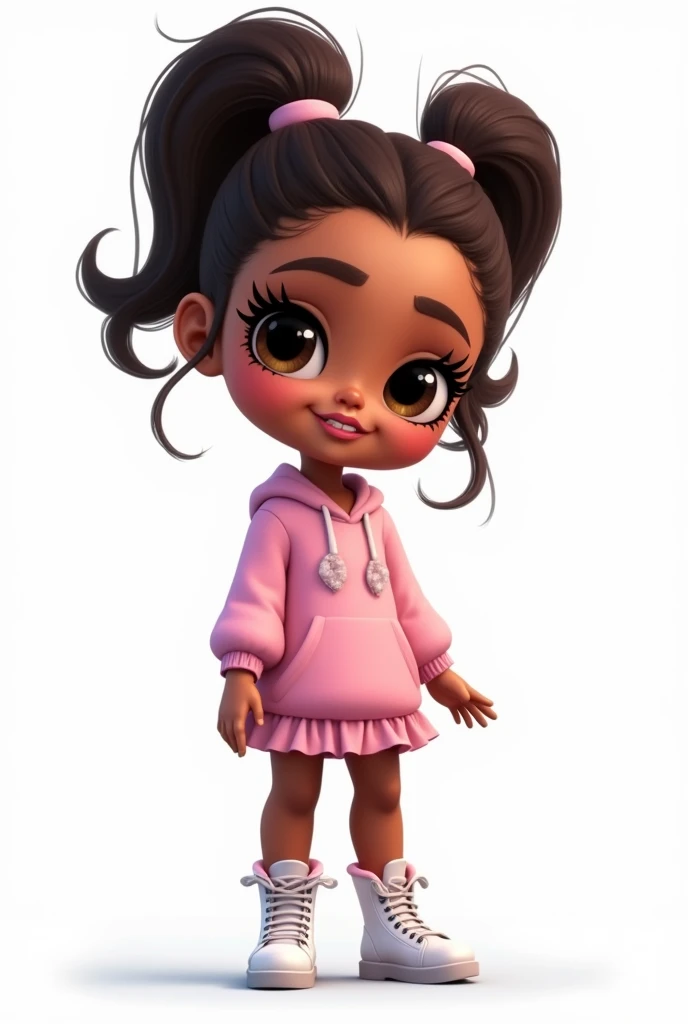 a digital illustration imvu style, baby kid, cute miniature, fullbody, the sims 4 style fashion wonderful girl, big eyelash, extravagant, big lips, ariana, white background, center photo, smiling, realistic,happy, vivid, bright, white shoes, metal shoes, latin, ponytail hairstyle, brown skintone
