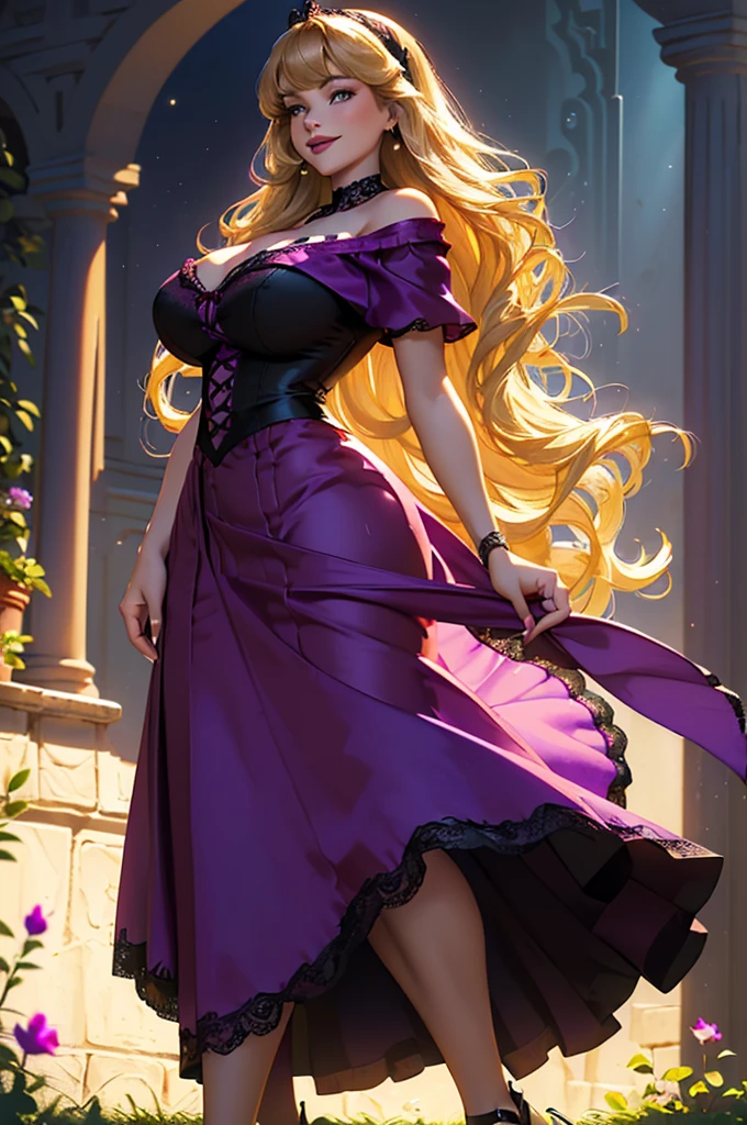 DisneyAurora, full body view Beautiful woman (((shoulder length wavy honey blonde hair, two side up with bangs))) defined body, voluptuous, sexy, cherry red lipstick, arms by her sides, hands free, happily smiling, standing facing camera ((( bright purple short sleeve satin dress, long skirt with black lace trim ))), in moonlit grassy field, (large_breasts:1.3) (curvy:1.2)