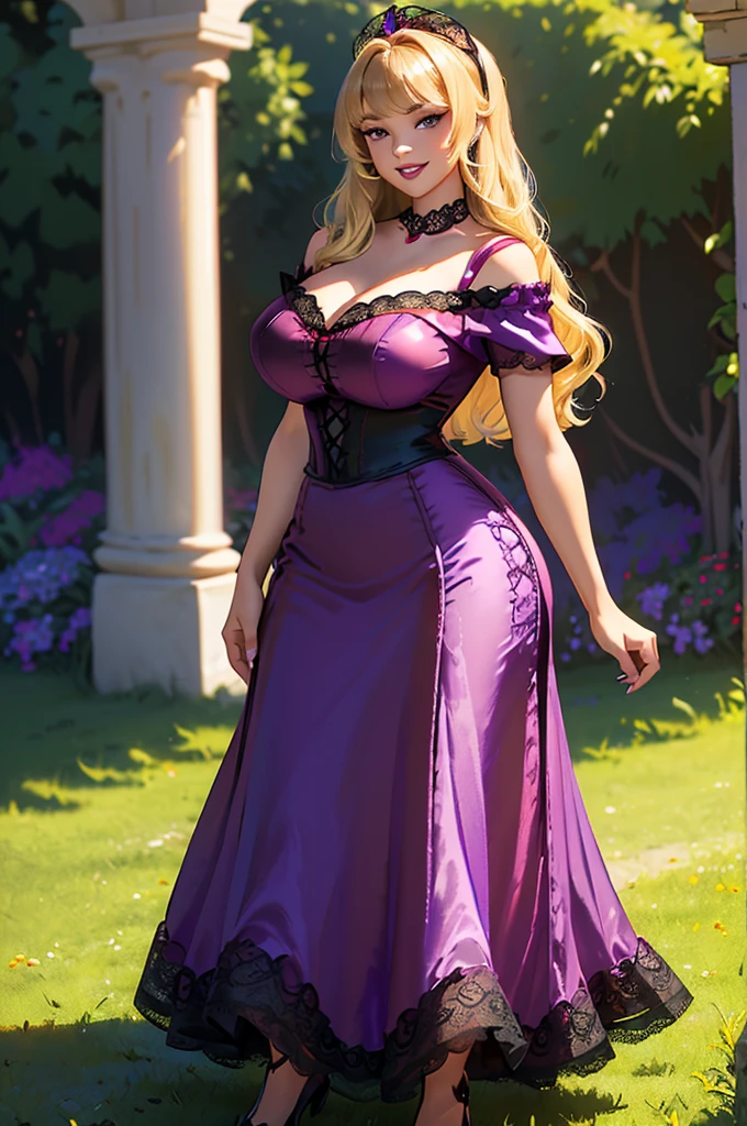 DisneyAurora, full body view Beautiful woman (((shoulder length wavy honey blonde hair, two side up with bangs))) defined body, voluptuous, sexy, cherry red lipstick, arms by her sides, hands free, happily smiling, standing facing camera ((( bright purple short sleeve satin dress, long skirt with black lace trim ))), in moonlit grassy field, (large_breasts:1.3) (curvy:1.2)