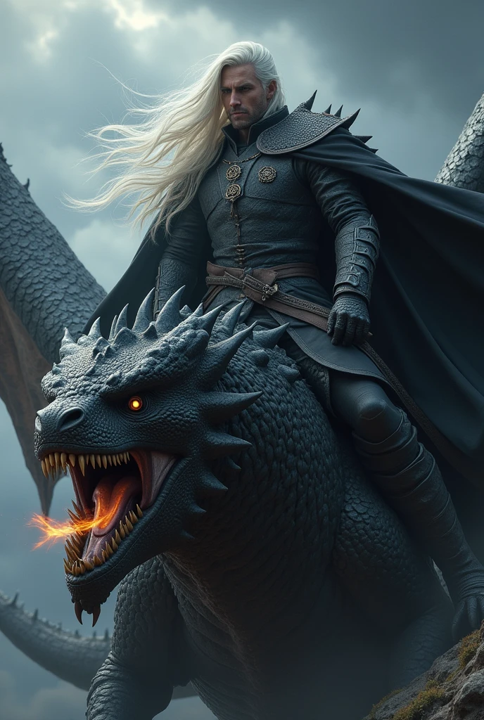 Make a detailed image based on Game of Thrones, of a white haired warrior on his scary black dragon