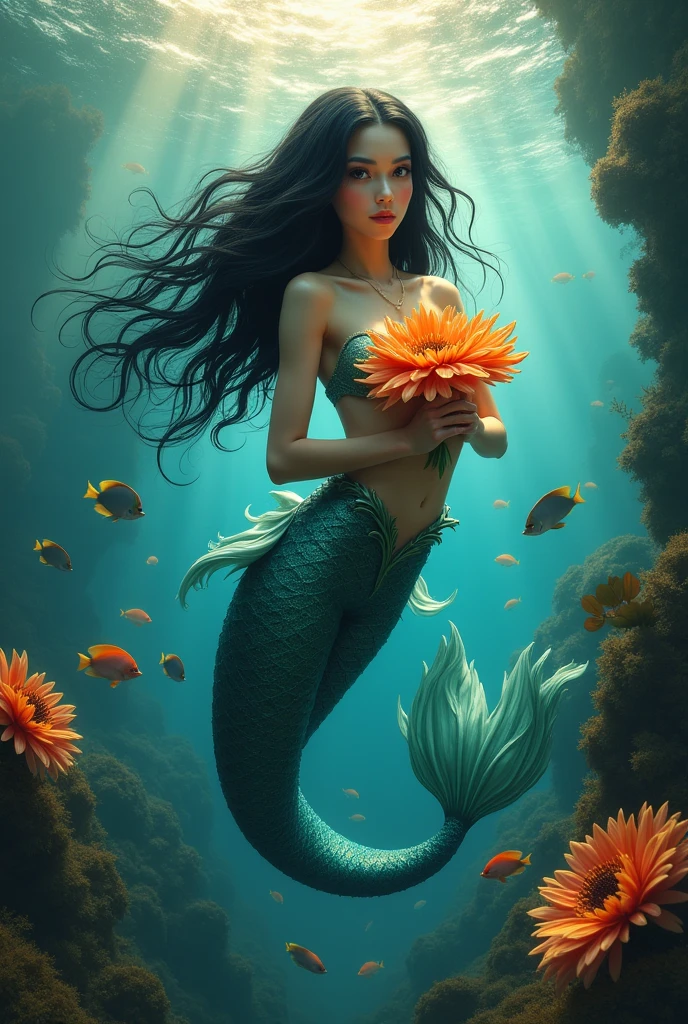 mermaid, black hair, swimming in the seas with a big flower in her hands, looking at the camera