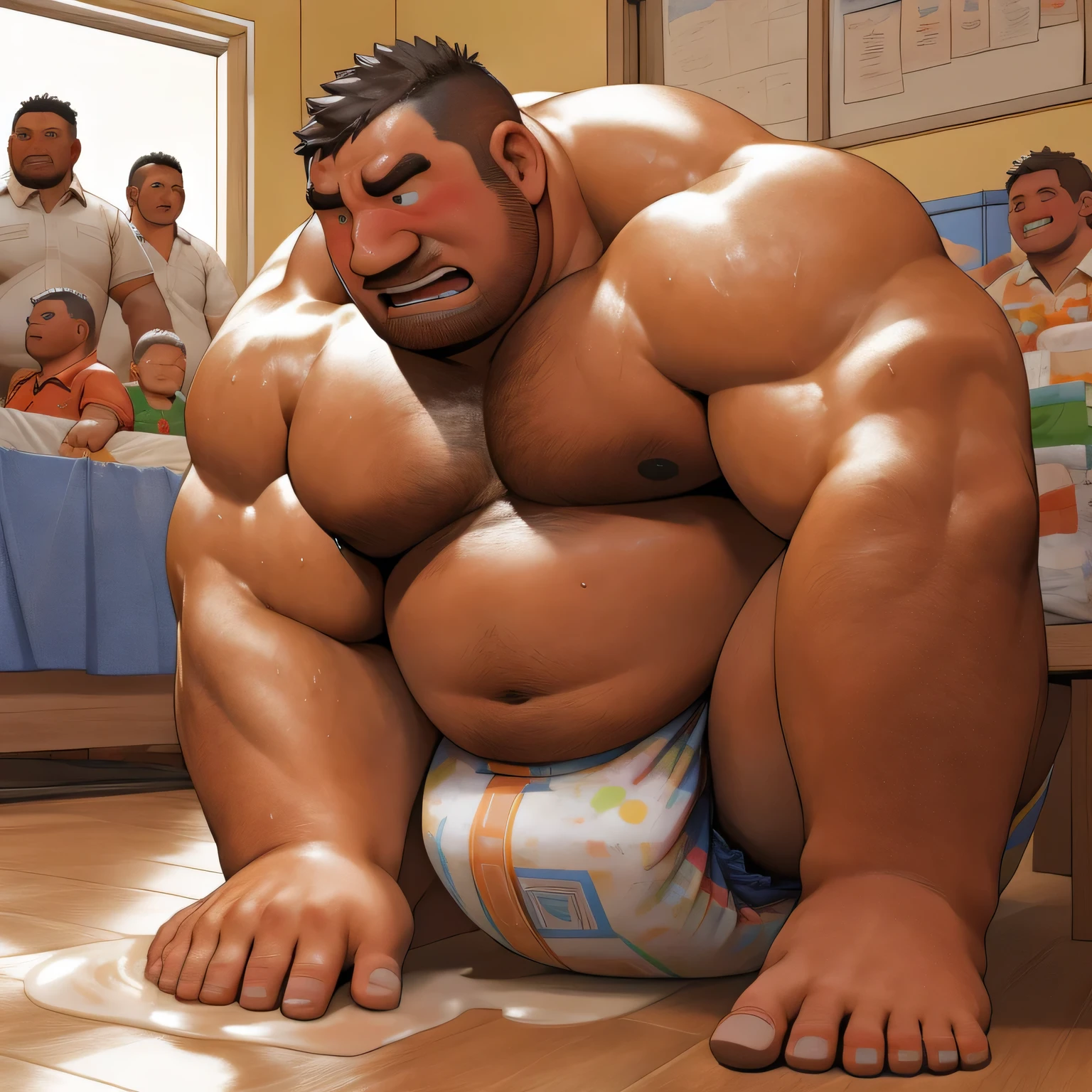 masterpiece, Top quality, in 32K, perfect anatomy, hyper detailed, super fine illustration, The thick man is a brutal prisoner, ed, hairy human, 50yo in Japan, (fatness: 1.0), Fatty muscle, Bowleg, disappointment, incontinent, be diaper check by children, waddle, There is a small puddle under him, incontinent, Naked, short legs, Bowleg, spread legs, wear a White cloth Diaper, Bare belly, Bare legs, Bare foots, Bare soles, Shirtless, wide forehead and short thinning hair, Man with round face with stubble, Bare foots, Bare soles, shy, sissy, Weaker than children, Drool, Round face, steams, Solo, He enters nursery school and is despised by children, He surrounded by children, His bottom is wet, Bare foots, big butt, he is scolded by the children, White Diaper, He surrounded by children, sobbing, wear a White cloth Diaper, shirtless, There is a small puddle under him, He enters nursery school and is despised by children, big butt, sobbing, He crawling to go to children, on all fours, side view