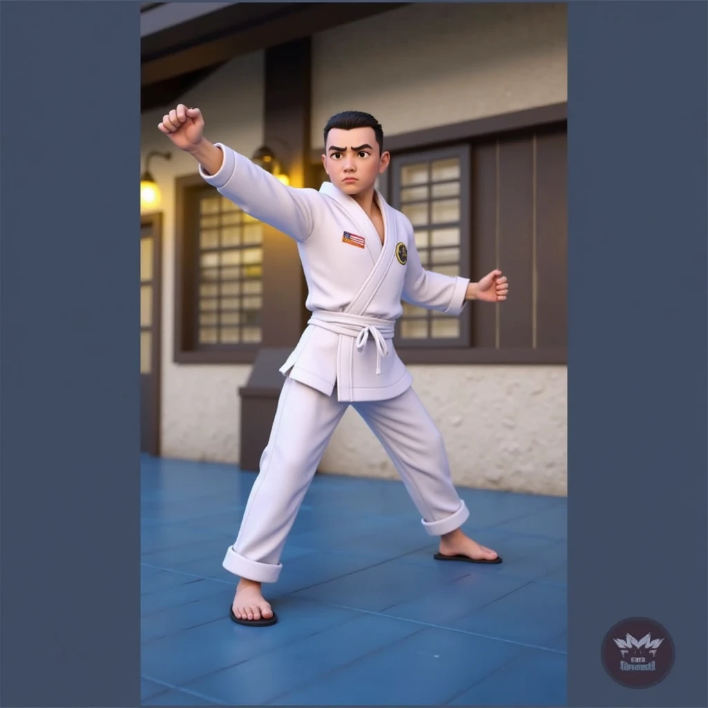 a master of martial arts,displaying his own skills. ((conflict, aggressive,destructive,fighter)),((black, red, golden brass)),(( Full figure wiew)). ((Three quarter wiew)),((deep wiew)),modern suburbs scenario background,photographic,ultra high resolution,hyperdetailed, masterpiece, 3d modelling, digital art.