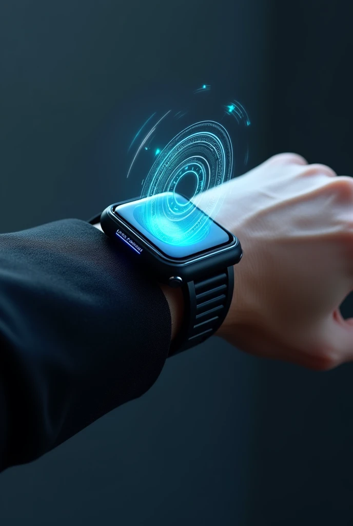 Black smart watch, that a scanner comes out of it that can be seen, and that scanner is blue and that a blue and circular hologram comes out but the watch is on the hand and the hologram that the watch shows is one from a computer