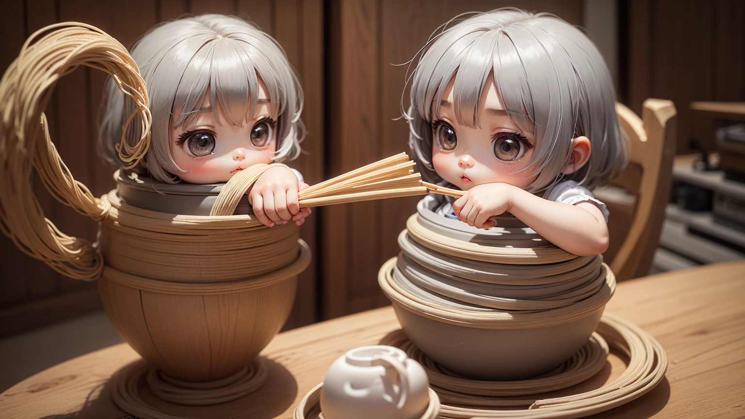 masterpiece、top-quality、Ultra-detail、(Chibi Chara's Daughter:1.2)、solo、//((Gray thin noodles:1.2)These go into Japanese-style vessels))、Holding this vessel、Holding chopsticks in hand、sitting in the chair